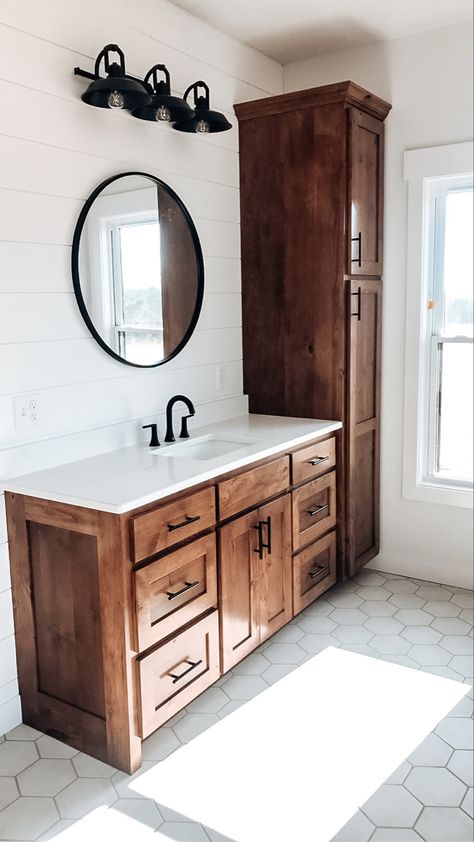 Main Bathroom Remodel Farmhouse, Master Bath Opposite Wall Vanities, Grey Stained Wood Cabinets Bathroom Vanities, Modern Farmhouse Bathroom Master, Wood Laundry Cabinets, Rustic Farmhouse Bathroom Storage Cabinets, Bathroom Vanity With Linen Closet, Modern Farmhouse Master Bath Bathroom, Bathroom Flooring Ideas Not Tile