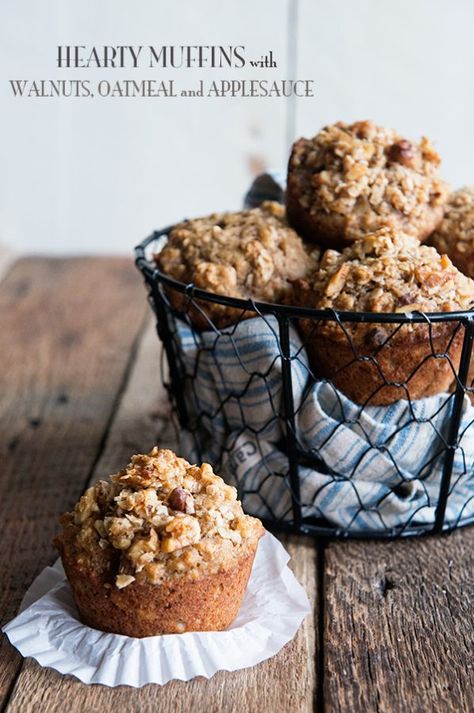 Applesauce Walnut Muffins, Oatmeal Walnut Muffins, Recipes With Walnuts, Hearty Muffins, Heart Healthy Desserts, Nut Loaf, Wheat Flower, Healthy Muffin, Walnut Muffins