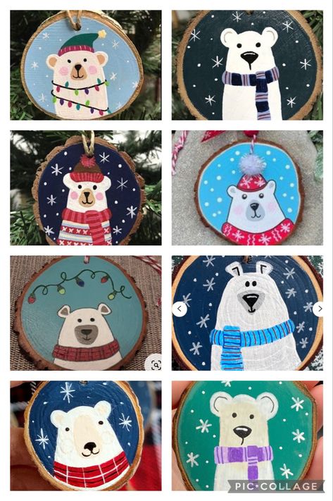 Diy Wooden Tree Ornaments, Christmas Woodslice Ornaments, Bear Christmas Tree Ideas, Wood Round Art, Kids Painted Ornaments, Wooden Slices Ideas Christmas, Wood Painting Christmas, Wood Slice Crafts Christmas, Winter Art Kids