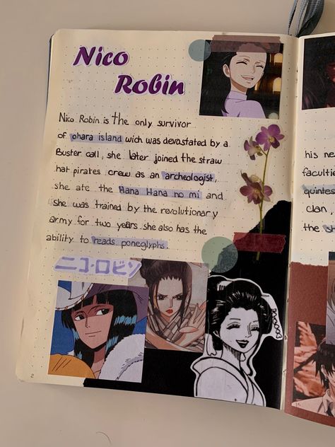 One Piece Journal Ideas, One Piece Journal, Nico Robin Aesthetic, Robin Aesthetic, Robin Onepiece, Anime Journal, One Piece Cartoon, Anime Drawing Books, Student Life Hacks