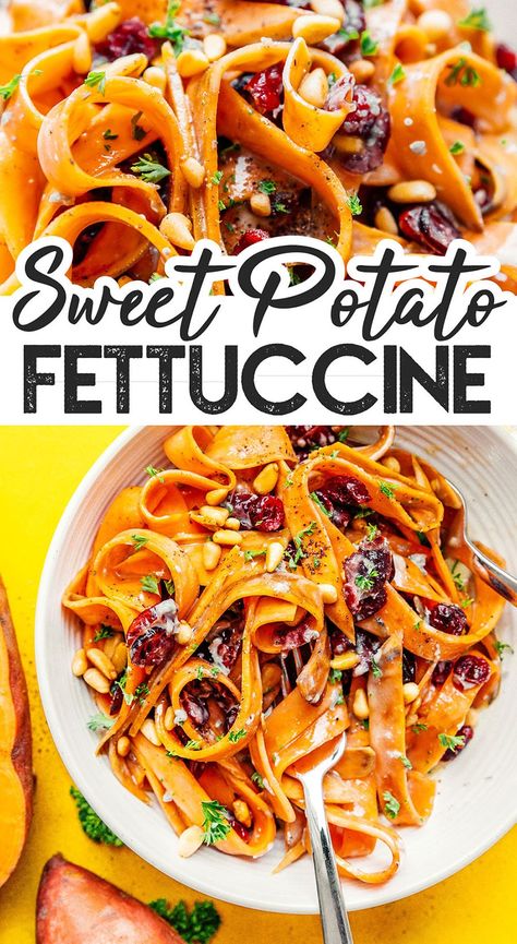 Ww Vegetarian, Sweet Potato Noodles Recipe, Fettuccine Recipe, Sweet Potato Pasta, Fettuccine Recipes, Halloween Food Dinner, Fettuccine Noodles, Potato Noodles, Easy Family Dinner