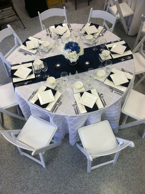 Navy Blue And White Table Setting, Navy Blue Table Linens Wedding, Navy Blue And White Event Decor, Navy Blue Table Settings, Navy Blue Centerpieces, Navy Blue Quince Main Table, Navy Blue Table Cloth With Silver Runner, Navy Weddding Tables, Navy Centerpieces