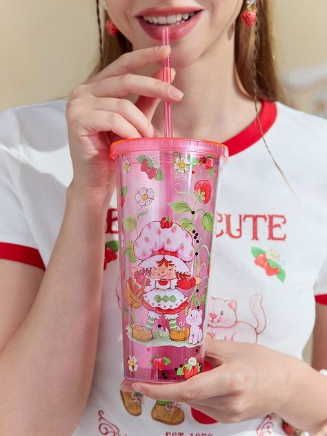 Strawberry Shortcake X SHEIN 650ml Cartoon Figure & Strawberry Pattern Transparent Double Layer Cup With StrawI discovered amazing products on SHEIN.com, come check them out! Cake Gel, Strawberry Pattern, Vintage Strawberry Shortcake, Cute Nurse, Love Cake, Cup With Straw, Gel Cream, Tumbler With Straw, Kids Jewelry