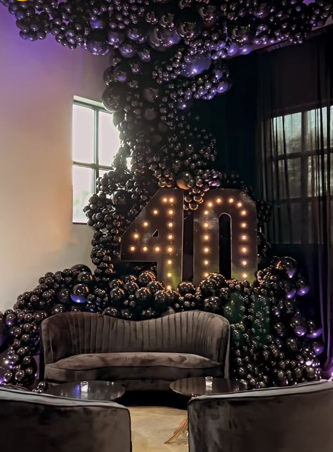 Black And Bronze Party Decor, 50 Shades Of Black Party Ideas, Men’s Event Decor, All Black Backdrop, All Black Affair Party Ideas For Men, Matte Black Party Decor, Masculine Backdrop Ideas, Black Party Theme Decor, All Black Balloon Decor