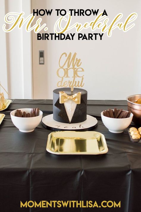 A Mr. Onederful birthday celebration is a play on words with the term, “Mr. Wonderful.” The theme often involves dapper-like food and décor, involving touches of black and gold, bowties, top hats, glitter… the works! Check out how we decorated our most recent Mr. Onederful birthday bash! Mr Onederful Birthday Cake, Onederful Birthday Party, Mr Onederful Birthday Party Ideas, Mr Onederful Birthday, Onederful Birthday, Mr Onederful, Boys First Birthday Party Ideas, Baby Boy 1st Birthday Party, 1st Birthday Photoshoot