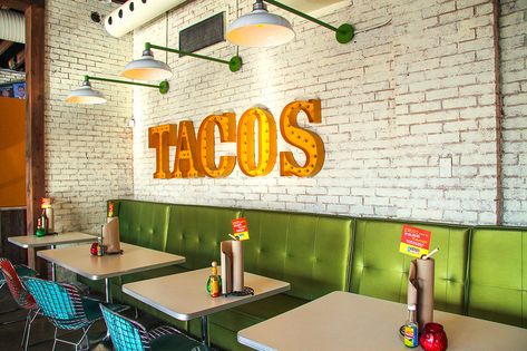 Modern Taqueria, Taco Shop Design, Mexican Taqueria Design, Taqueria Design, Taco Restaurant Branding, Mexican Modernism Restaurant, Mexican Restaurant Neon Sign, Taco Restaurant, Taco Shop