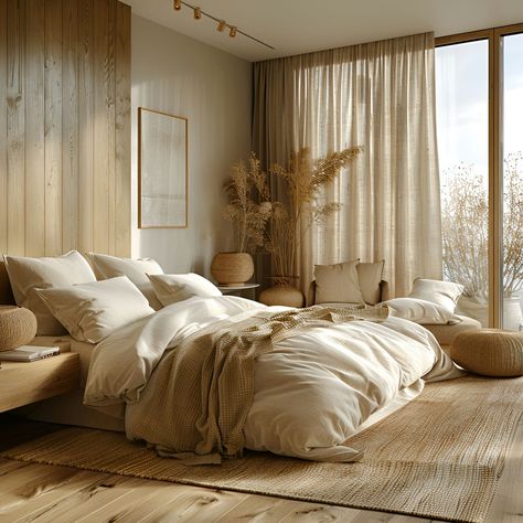 Transform your guest room into a serene escape with this boho-modern design. Featuring light wooden floors, beige walls, and linen curtains, the space is bathed in natural light from large windows showcasing tree views. A cozy bed with soft beige linens is complemented by boho furniture and pampas grass accents, creating a calm, relaxing vibe. Minimalist yet warm, its perfect for welcoming visitors. Cozy Bedroom Decor Ideas, Bedroom Ideas Cozy, Inspiring Aesthetic, Cozy Bedroom Decor, Bedroom Decor For Small Rooms, Decor Ideas Bedroom, Wall Panels Bedroom, Modern Bedroom Interior, Aesthetic Cozy