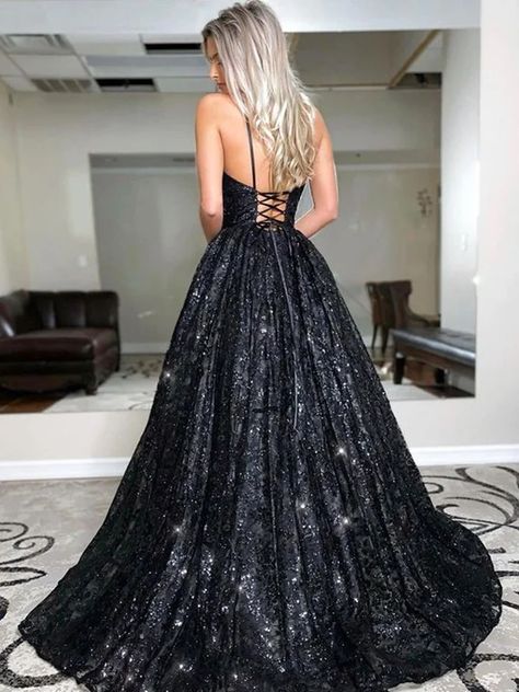 A-Line/Princess Sweep/Brush Train V-neck Sequin Sleeveless Sequins Dresses Black Sparkly Prom Dress, Black Sequin Prom Dress, Sparkly Prom Dresses, Winter Formal Dresses, Spaghetti Strap Prom Dress, Prom Dresses Sleeveless, Sequin Prom Dresses, Black Prom, Prom Dresses Online