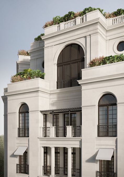 Residence in Mumbai — Sebastian Treese Architekten Classical Modern House, European Elevation Designs, Modern European Architecture, Neo Classic Building, Narrow House Design Interior, European Classic House, European Buildings Architecture, 3 Storey Narrow House Design, Neo Classical Architecture Facade