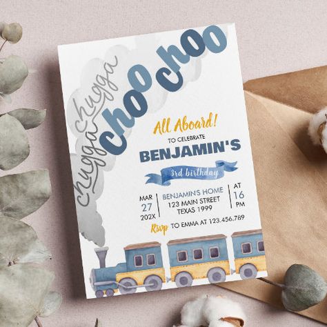 Train Birthday Invitation Chugga Chugga Choo Choo #zazzle #weddinginvitations #birthdayinvitations #babyshowerinvitations #zazzleinvitations #monogram #businesscards #graduation #homedecor Third Birthday Theme Boy, Choo Choo Train Birthday Party, Train Birthday Party Invitations, Train Theme Party, Train Birthday Theme, Train Birthday Invitation, Train Invitation, 5th Birthday Party Ideas, Train Theme