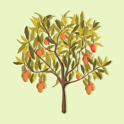 Mango Tree Painting, Mango Tree Tattoo, Mango Tree Drawing, Mango Tree Illustration, Fruit Tree Drawing, Fruit Tree Illustration, Homemade Packaging, Bathroom Mural, Tree Doodle