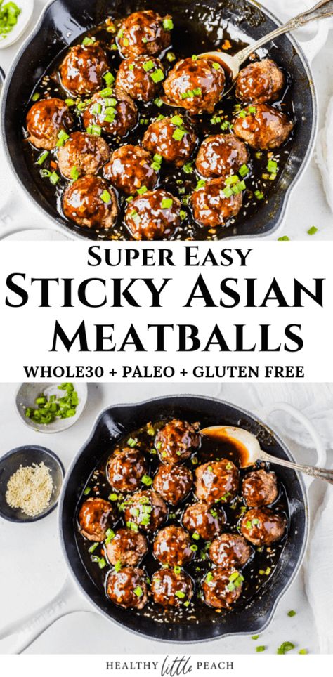 Sticky Asian Meatballs (W30, Keto, Paleo) - Healthy Little Peach Asian Meatballs Healthy, Sticky Asian Meatballs, Healthy Little Peach, Peach Healthy, Asian Meatballs, Whole30 Keto, Asian Sauce, Keto Paleo, Paleo Whole 30