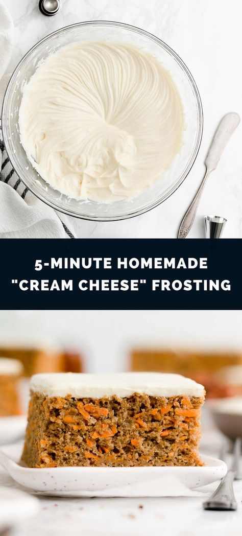 Here’s how to make cream cheese frosting without cream cheese! It’s a SUPER easy recipe. You only need 5 minutes to make it — and NO butter or powdered sugar! It’s smooth, creamy, and perfect for frosting cakes, cupcakes, cookies & more. I’m obsessed!! (Secretly high protein, sugar free & low calorie too!) Low Calorie Frosting Recipe, Frosting Without Cream Cheese, Low Sugar Frosting, Carrot Cake Icing, Frosting Without Butter, Healthy Cream Cheese Frosting, Healthy Frosting, Cream Filling Recipe, Low Calorie Cake