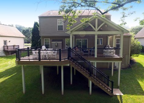 2nd Floor Deck Ideas, Upstairs Deck Ideas, Elevated Deck Ideas, Elevated Deck, Second Story Deck, Screened Porch Designs, Patio Deck Designs, Deck Designs Backyard, Deck Stairs