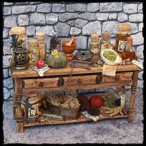 WITCH TABLE ooak 1:12 miniature by Soraya Merino Witch Table, Dollhouse Halloween, Halloween Apothecary, Witch Cottage, Haunted Dollhouse, Halloween Miniatures, Haunted Dolls, Fairy Friends, Miniature Rooms