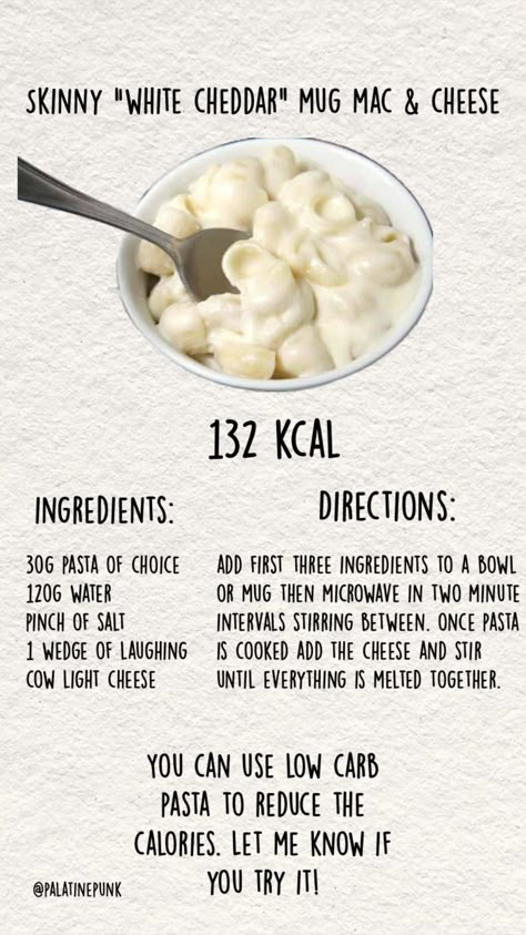 Low calorie white cheddar mac & cheese mug recipe safe food 200 Cal Dinner, Low Cal Snacks Ed, Low Cal Filling Foods, Inspo For Wl, Wl Meal Aesthetic, 200 Calories Meals, Low Cal Snack Recipes, Low Cal Lunch Recipes, Wl Food Ideas