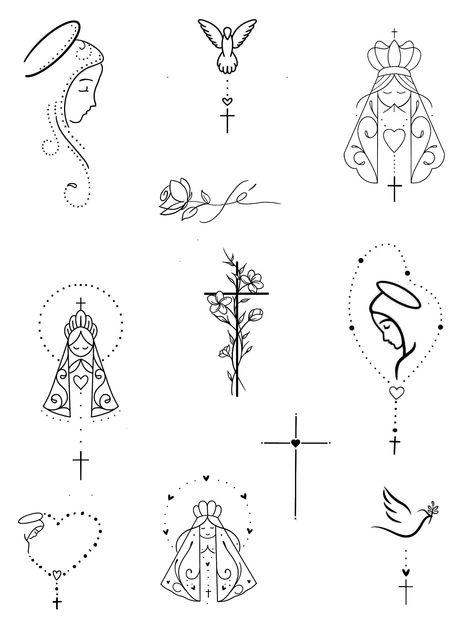 Rosary Tattoo Dainty, Saint Dymphna Tattoo, Virgin Mary Outline Tattoo, Catholic Back Tattoo, Small Virgin Mary Tattoo, Feminie Tattoos, Small Mexican Tattoo, Small Catholic Tattoos, Virgin Mary Tattoo Design