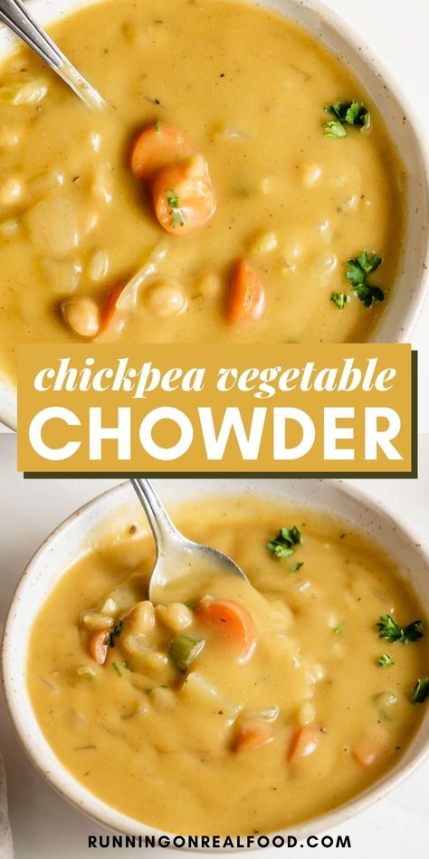 This vegan chickpea vegetable chowder is satisfying and delicious. It's made with chickpeas, potatoes and carrot for a bit of a twist on classic vegetable chowder. This nutritious soup is gluten-free, oil-free and ready in under 30 minutes. Vegetable Chowder, Vegan Chickpea, Chickpea Soup, Chowder Recipe, Vegan Soup Recipes, Tasty Vegetarian Recipes, Vegan Soups, Vegan Soup, Easy Soup Recipes