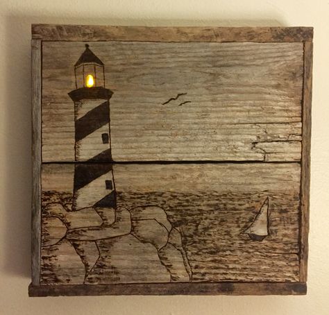 Wood burned lighthouse on a palette with a flameless candle. Wood Burning Lighthouse, Words On Wood, Wood Burn Designs, Sugi Ban, Wood Burning Crafts, Wood Burning Patterns, Wood Burning Art, Row Boat, Map Design