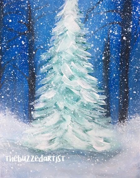 Easy Snowy Christmas Tree Painting Tutorial Painting Ideas Easy Simple Christmas, Christmas Art Painting Acrylic Easy, Winter Landscape Painting Acrylic Easy, Simple Christmas Paintings, Easy Christmas Paintings For Beginners, Tree Painting Tutorial, Finnish Christmas, Snowy Christmas Tree, Christmas Canvas Art