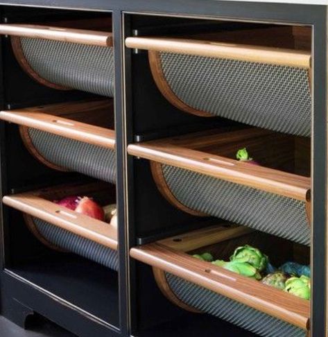 Fresh Produce Storage Pantry, Produce Baskets In Pantry, Dry Produce Storage, Built In Produce Storage, Modular Kitchen Vegetable Storage, Kitchen Tray Storage, Vegetables Drawer Kitchen, Produce Storage Pantry, Produce Pantry Storage