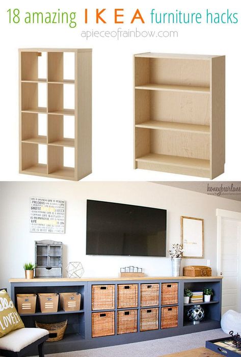 Gorgeous DIY custom furniture with 18 easy IKEA hacks: creative dressers, farmhouse cabinets, bedroom benches, craft room tables, desk, kitchen island, etc! - A Piece of Rainbow #ikea #ikeahack #kitchen #kitchenideas #diy #furniture #woodworkingprojects #woodworkingplans #kitchenisland #homedecor #bedroomideas #bedroom #farmhouse #storage #organizing #organization #organize storage, organizing, organization, workshop Ikea Hack Storage, Amazing Ikea Hacks, Ikea Desk Hack, Ikea Crafts, Easy Ikea Hack, Ikea Hack Ideas, Ikea Furniture Hacks, Diy Ikea Hacks, Ikea Cabinets