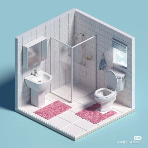 Bathroom Isometric Drawing, Small House Model, Place Aesthetic, Small Room Makeover, Aesthetic Architecture, Bathroom Model, Cool Tree Houses, House Floor Design, Doll House Crafts