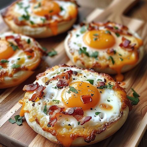 🍕🍳 English Muffin Breakfast Pizza – a morning masterpiece! #BreakfastPizza #EnglishMuffin English Muffin Breakfast Pizza Recipe 🌟 Ingredients: 4 English muffins, split 4 eggs 100g cheddar cheese, shredded 100g cooked bacon, crumbled 5g parsley, chopped Salt and pepper to taste Instructions: Toast muffins: Toast English muffins until golden. Prepare toppings: Cook eggs sunny-side up. Place on toasted muffins. Assemble pizzas: Sprinkle cheese and bacon on top. Season with salt, pepper, and ... English Breakfast Ideas Mornings, English Muffin Breakfast Pizza, English Muffin Breakfast, Muffin Breakfast, English Muffin Pizza, Gummy Sweets, Breakfast Pizza Recipe, Cook Eggs, Instagram Recipes