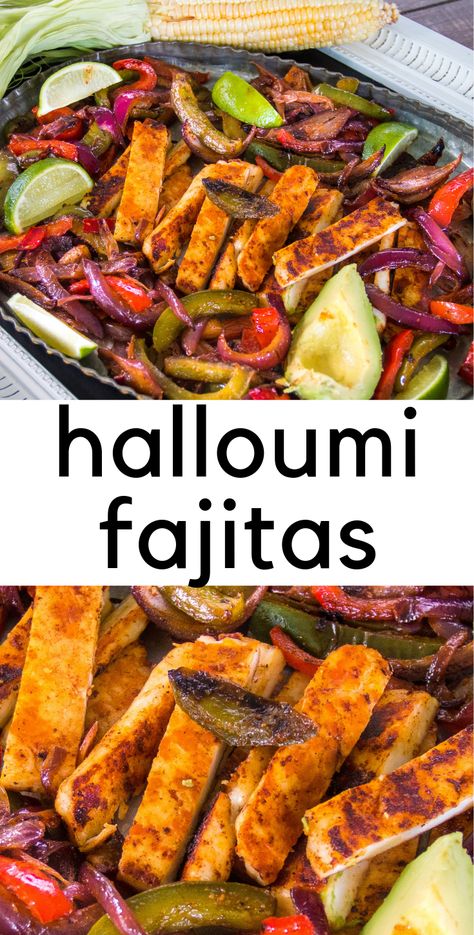 Delicious, squeaky halloumi makes the perfect fajita filling!  This is a sure crowd please for your meatless Monday or any day!    #fajitas #cheese #halloumi #vegetarian #easyweeknightmeal #meatlessmonday Halloumi Fajitas, Vegetarian Fajitas, Halloumi Cheese, Vegetarian Foods, Eat Veggies, Fajita Recipe, Vegetarian Meal, Easy Weeknight Dinner, I'm Bored