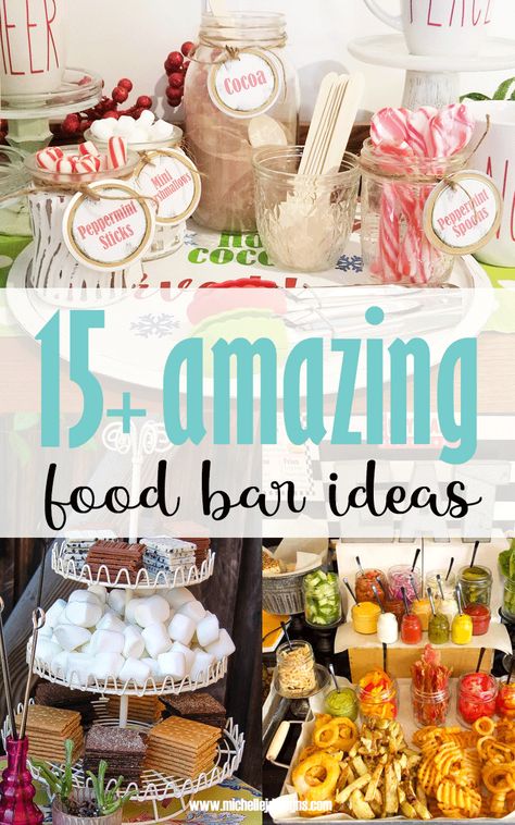 15+ Amazing Food Bar Ideas for Your Reception or Event - Michelle James Designs Sweet And Salty Bar Ideas, Party Dessert Bar Ideas, Easy Snack Bar Ideas, Types Of Food Bars Party Ideas, 70th Birthday Party Food Ideas, Teacher Food Bar Ideas, Easy Food Bar Ideas, Wedding Reception Snack Bar Ideas, Make Your Own Food Bar Ideas