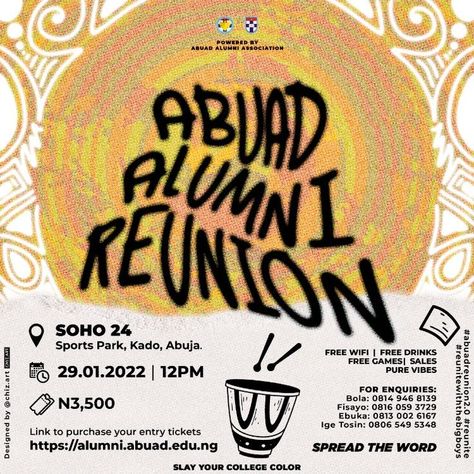 For ABUAD Alumni Association Reunion Poster, Alumni Reunion, College Colors, Sport Park, Alumni Association, Word Design, Free Games, Free Wifi, The North Face Logo