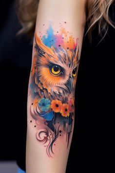 Owl Tattoo Designs For Women, Owl Tats For Women, Viking Owl Tattoo Design, Colored Animal Tattoos, Owl Tattoo Colorful, Purple Owl Tattoo, Colorful Owl Tattoos For Women, Feminine Owl Tattoo Ideas, Owl Tatoos Woman