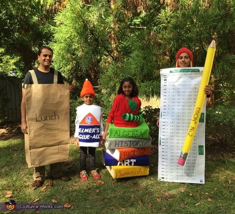 Sheetal: Our costume features a giant sack lunch made form butcher paper, Elmer’s glue bottle with orange ribbed ski cap, book-worm with felt covered Macys gift-boxes and a sock from a... Angry Birds Costumes, Halloween Costumes For Children, School Halloween Costumes, Purim Costume, Halloween Family Costumes, Family Halloween Costume Ideas, Halloween Costumes 2014, Teacher Halloween Costumes, Themed Halloween Costumes