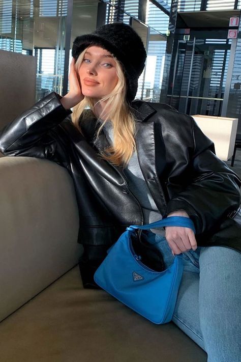 Prada Re Edition Bag, Blue Bag Outfit, Prada Re Edition 2000, Elsa Hosk Style, Prada Nylon Bag, Prada Re Edition, Prada Nylon, Elsa Hosk, Outfits With Hats