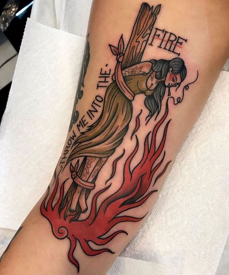 Brothers Grimm Tattoo, Candle Burning From Both Ends Tattoo, Witch Burning At The Stake Tattoo, American Traditional Witchy Tattoos, Woman Burning At Stake Tattoo, Witch Burned At Stake Tattoo, Awake Unafraid Tattoo, Witch Burning At Stake Tattoo, Burning Witch Tattoo Traditional