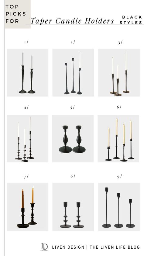 Black Candlesticks On Mantle, Candlesticks On Dining Table, Tall Black Candlesticks, Black Taper Candle Holders, Mantle Candlesticks, Gold Taper Candle Holders, Black Dining Room Table, Black Candlestick Holders, Gold Taper Candles