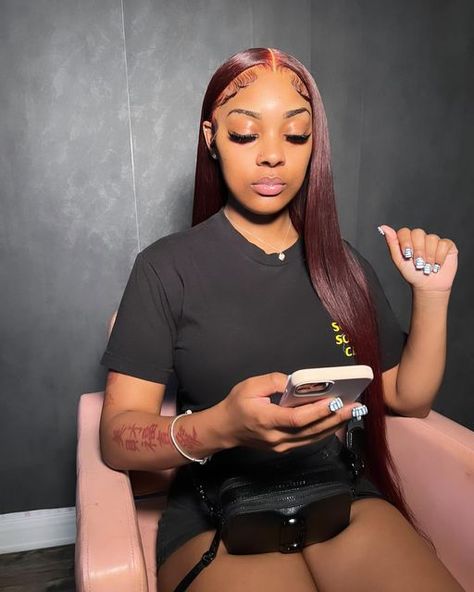 Red Frontal Wig Install, Burgundy Buss Down, Burgundy Buss Down Middle Part, Red Buss Down Middle Part, Buss Down, Burgundy Wig Install, Burgundy Frontal Wig, Extra Hairstyles, Burgundy Hairstyles