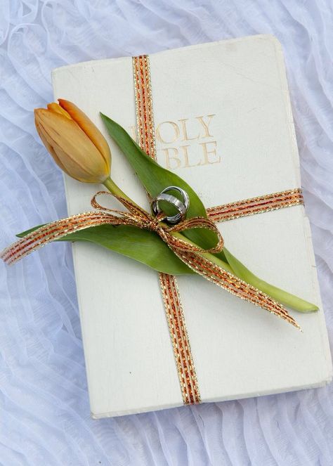 Ring Bearer Pillow? Why not use your Bible instead? Tie the rings with a ribbon & a bud of flower. You want your rings blessed by God and the Bible as the foundation of your marriage anyway, so it will be a great symbolism. Bible Ring Bearer, Bible Bearer, Wedding Ring Pillow Diy, Ring Bearer Pillow Alternative, Cobalt Wedding, Ring Bearer Flower Girl, Dream Marriage, Wedding Bible, Wedding Portrait Poses