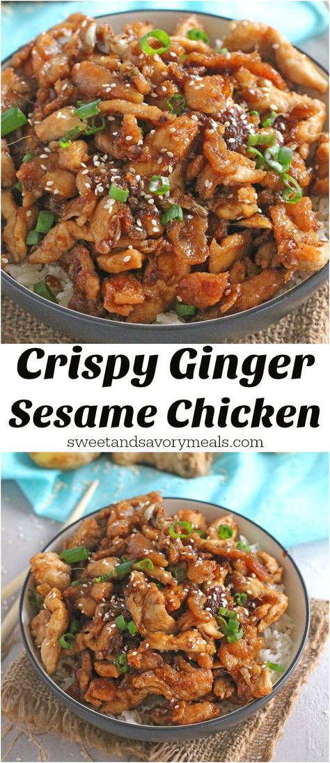 Crispy Sesame Chicken, Ginger Chicken Recipes, Chicken Shredded, Sesame Chicken Recipe, Savory Meals, Ginger Chicken, Sesame Chicken, Asian Inspired Recipes, Ginger Recipes