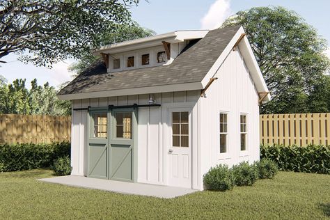 Shed Plans from Architectural Designs Modern Farmhouse Shed, Farmhouse Shed, White Shed, Verandah Ideas, Pool Sheds, Backyard Workshop, Farmhouse Sheds, Plan Garage, Backyard Barn