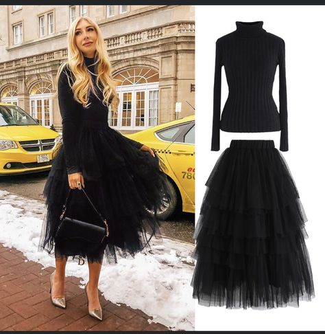 Tulle Skirt Outfit Winter, Tule Skirt Outfit, Long Black Tulle Skirt, Black Tulle Skirt Outfit, Midi Skirt Outfit Winter, Tool Skirt, Tutu Skirt Outfit, Tulle Skirts Outfit, Winter Wedding Outfits