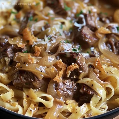 French Onion Beef And Noodles Recipe - My Home Made Recipe Apple And Meat Recipes, French Onion Soup Noodles, Homemade Beef And Noodles Crockpot, Tender Meat Recipes, Egg Noodles Dishes, Recipes With Stew Meat, Stuffed Mushroom Dip, French Onion Beef Stew, French Onion Beef And Noodles