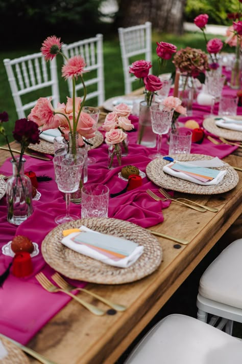 Table Runner Wedding Pink, Magenta Party Decor, Dark Pink Table Setting, Pink Themed Table Decor, Simple Pink Table Setting, Pink Runner Table, Pink Table Decor Wedding, Pink Table Decorations For Party, Hot Pink Table Runner