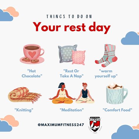 Your rest day is here! As the holidays are approaching, here are some examples of things you can do on your rest day to stay relaxed and cozy. #maximumfitness #fitness #restday #christmasfitness #sundays Rest Day Workout, Rest Day, Best Stretching Exercises, Personal Training Programs, Christmas Workout, Low Intensity Workout, Endurance Workout, Everyday Workout, Rest Days