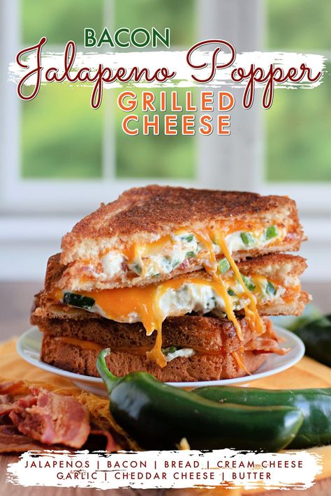 Take your grilled cheese sandwich to the next level! With melty cheddar cheese, crispy bacon, and a fresh jalapeno and cream cheese filling on buttered bread grilled until golden brown, this Jalapeno Popper Bacon Grilled Cheese is a real winner. #jalapeno #jalapenopopper #jalapenopopperbacongrilledcheese #grilledcheese #sandwich Jalapeno Popper Grilled Cheese Sandwich, Cream Cheese Grilled Cheese, Jalapeno And Cream Cheese, Bacon Grilled Cheese Recipes, Popper Grilled Cheese, Airfry Recipes, Bacon Grilled Cheese Sandwich, Buttered Bread, Jalapeno Popper Grilled Cheese