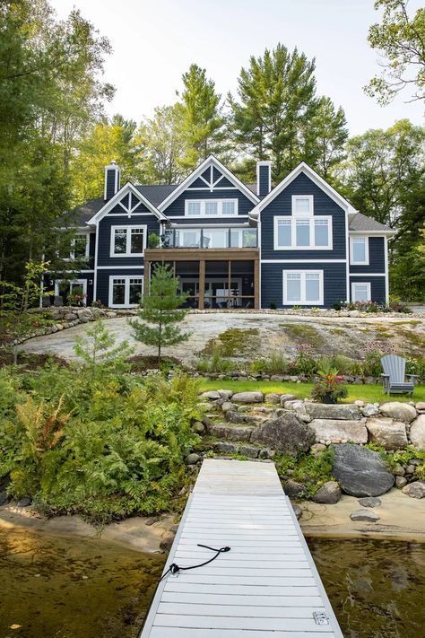 Navy Blue Houses, Cottage Build, Lakefront Cottage, Kitchen Cozy, Muskoka Cottage, Lake Houses Exterior, Mansion Exterior, River Cottage, Cottage Exterior