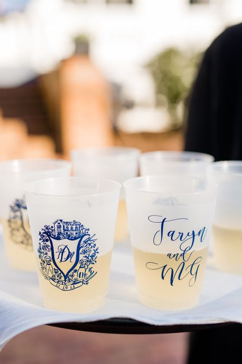 Wedding Koozies With Crest, Personalized Cups Wedding, Gold Fall Wedding, Custom Wedding Cups, San Antonio Wedding Photography, Merrimon Wynne, Chinoiserie Wedding, Wedding Venues North Carolina, Blue White Weddings