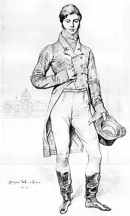 Here's a dashing chap- circa 1816.  Men's fashion didn't change as fast as female - notice the similiarity to the Beau Brummell pic. Regency Mens Fashion, Beau Brummell, F Men, Regency Era Fashion, Regency Romance, Regency Dress, Regency Fashion, 19th Century Fashion, Regency Era