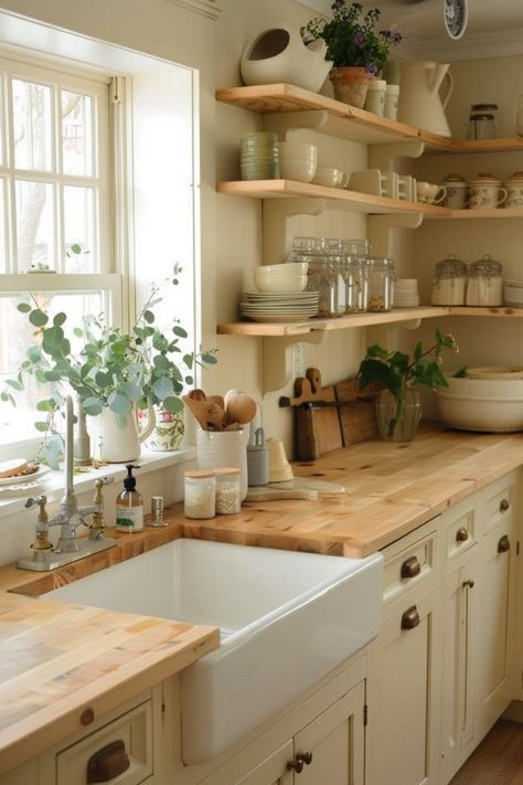 Embrace rustic charm and cozy efficiency with cottage kitchen ideas. Click here to see more inspiration. Kitchen Reno Ideas Farmhouse, Rustic English Country Kitchen, Old Country Farmhouse Kitchen, Rustic English Kitchen, Small Country Style Kitchen, Cottage Feel Kitchen, Rustic Cottage Home Decor, Cottage Core Farmhouse Aesthetic, Classic Cottage Kitchen