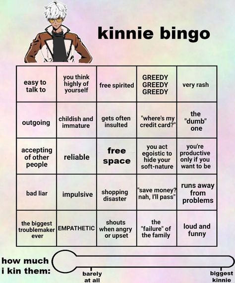 Kinnie Bingo Obey Me, Obey Me Kinnie Bingo, Obey Me Oc, Kin Bingo, Mammon Obey Me, Fun Templates, Me Template, Kinnie Bingo, Character Sheet Template